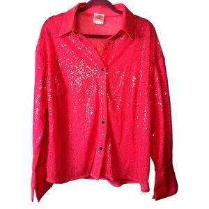 Vintage Wild Junkie Pink Sequin Button Down Top – Size Small – Y2K Glam Rock